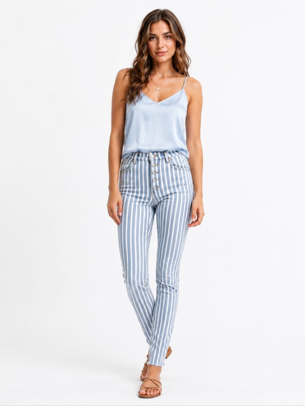 Stradivarius Striped High Rise Skinny Jeans Button Fly Blue White Size 6